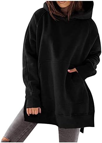Ženski pulover sa duksevima sa džepom sa džepom čvrste boje dugih rukava tamne prevelike dukseve s kapuljačom