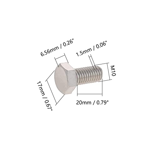 Yinpecly M10 Hex vijak M10-1,5 x 20 mm HEX vijaka za glavu 304 Nehrđajući čelik Potpuno navojni šesterokutni vijci 10pcs