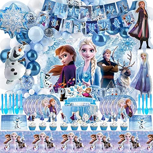 Setovi zimskih potrepština za zabave od 128 komada uključuju zastavice, vijenac za balone, Topere za torte, plastične Kovitlace, posuđe, papirne čaše, stolnjak, pozadinu za tematsku zabavu za djevojčice i dječake