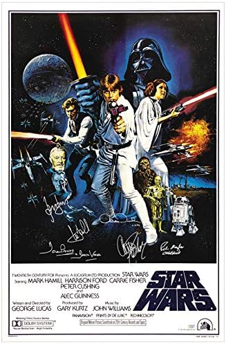 Harrison Ford, Carrie Fisher, Mark Hamill, Peter Mayhew, Anthony Daniels i David Prowse Autographing Star Wars: Nova nada 27 × 40 retro poster