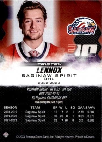 Tristan Lennox potpisao je 2022/23 Saginaw Spirit Team izdao OHL karticu - hokej karata za oblaganje autogramiranja