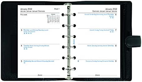 Filofax Finsbury Organizator, džepna veličina, crna - tradicionalna zrnata koža, šest prstenova, dnevnik kalendara u sedmici, višejezični, 2022