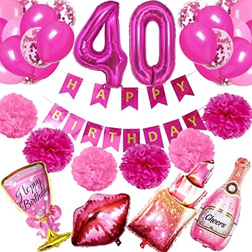 Crenics Hot Pink ukrasi za 40. rođendan za žene - baner za Sretan rođendan, balon sa 40 brojeva, papirni pomponi, Baloni za šampanjac