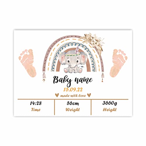 Izvod iz bolnice / 8 x 11 Elephant Boho Rainbow cvjetna tema Baby Birth Announcement Sign | Baby Footprint Art / Footprints Keepsake