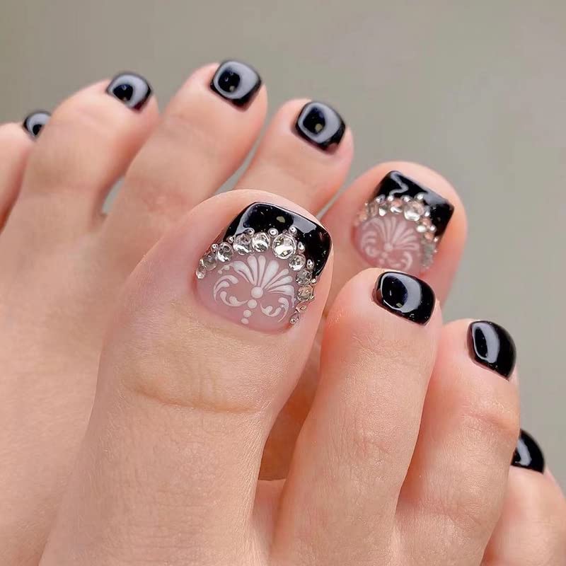 diduikalor Crna presa na noktima na nogama francuski vrh nokti na nogama sa dijamantskim cvetnim dizajnom puni poklopac akrilni nokti
