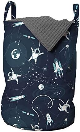 Ambesonne svemirska torba za pranje veša, svetska orbita sa svemirskim brodovima astronauti sateliti i Mesec, korpa za korpe sa ručkama zatvaranje Vezica za pranje veša, 13 x 19, tamno plava Tamno plava