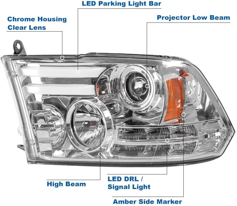 ZMAUTOPARTS LED Hromirani projektor farovi w/6 bijeli LED DRL za 2009-2018 Dodge Ram 1500/2010-2018 2500/3500