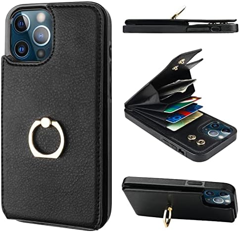 Folosu kompatibilan sa iPhone 12 Pro Max case Wallet sa držačem kartice, 360°rotacija Držač prstena za prst nosač zaštitni RFID Blokiranje PU kožna dvostruka dugmad Flip Shockproof Cover 6.7 Inch Black