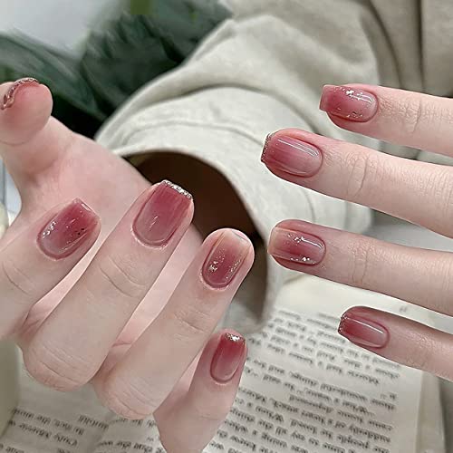 24kom francuski postepeno Pink kratka presa na noktima sjajni kvadratni oblik lažni nokat Glitter Stick na noktima Full Cover akrilni