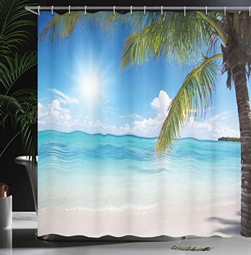AMESONNE Ljetna tuš zavjesa, tropska rajska plaža kokosov palms Crystal oceanska stranačka strana tema, tkanina od tkanine kupatilo