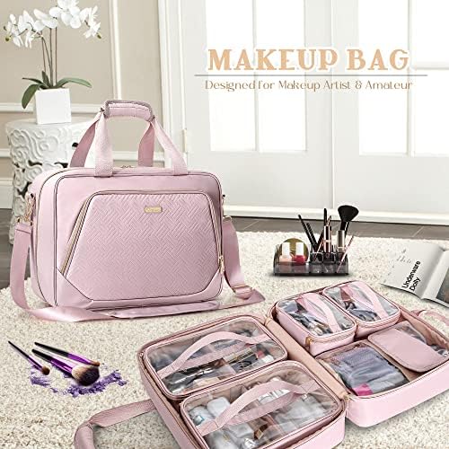 Putna torbica profesionalnog šminkera sa 4 odvojive kozmetičke torbice, velikom torbom za organizatore šminke sa odjeljkom za odlaganje šminke i džepom alata za kosu, Pink