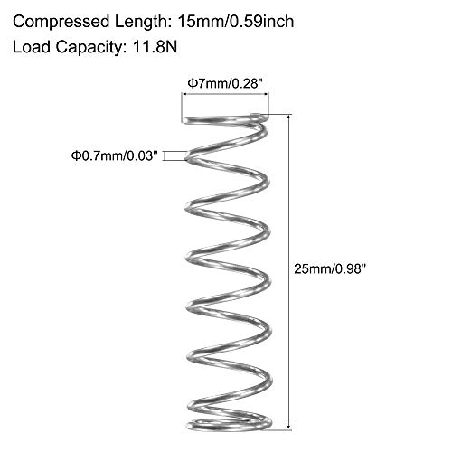 UXCELL Spremna opruga, 304 nehrđajući čelik, 7 mm od, 0,7 mm Žičana veličina, 15 mm komprimirana duljina, 25 mm Free Dužina, 11.8n