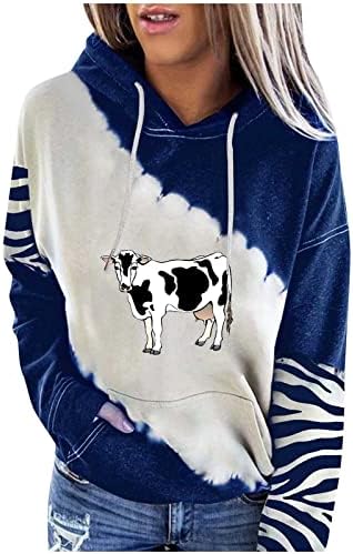 Vrhovi za žensku majicu krava print Hoodie pulover bluza patchwork pad ramena dugih rukava za crtanje dugim rukavima
