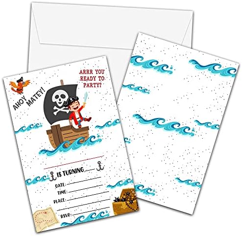 Pozivi za pisanje s kovertama - Kartica za pozivnicu kapetana Pirate Party za dječake - Ahoy Matey Popunite kartice za pozive - Pirates