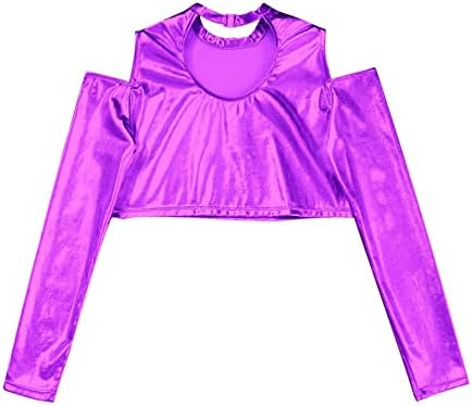 Loloda Kids Girls Shiny Metalni atletski spremnik za usjeve vrhunske majice s dugim rukavima SPORTSWEAR plesna odjeća