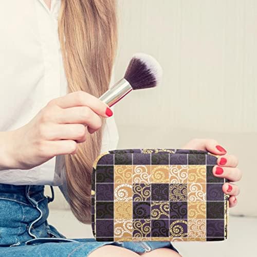 Mala šminkarska torba, patentno torbica Travel Cosmetic organizator za žene i djevojke, moderno ljubičasti žuti geometrijski uzorak za patchwork Curls
