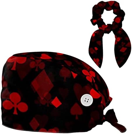 Red Poker Print Radni šešir Podesivi kape za piling sa tipkama i luk za kosu za medicinu medicinske sestre