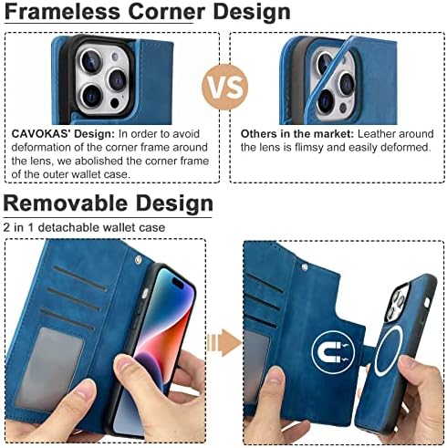 CAVOKAS novčanik za iPhone 14 Pro novčanik slučaj, 6.1 inčni Magnetic odvojiva koža Flip slučaj sa držačima kartica, kompatibilan sa MagSafe bežično punjenje Kickstand telefon poklopac RFID blok, plava