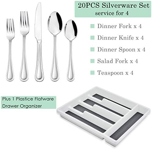 Set srebrnog posuđa od 20 komada sa organizatorom fioka, HaWare usluga Flatware od nerđajućeg čelika za 4, moderni pribor za jelo