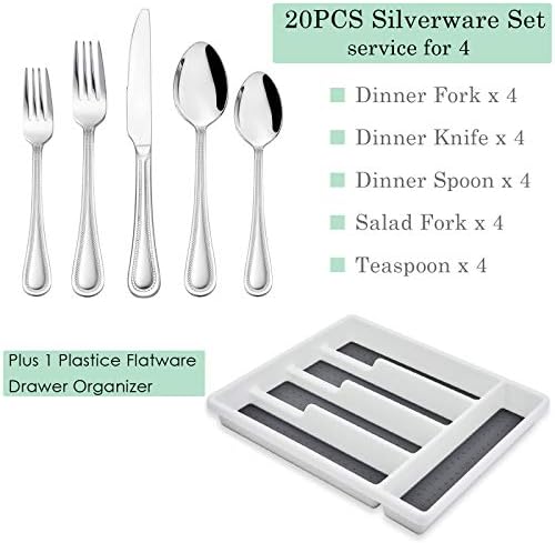 Set srebrnog posuđa od 20 komada sa organizatorom fioka, HaWare usluga Flatware od nerđajućeg čelika za 4, moderni pribor za jelo sa bisernim ivicama, pribor za jelo za dom, polirano ogledalo, sigurno u mašini za pranje sudova