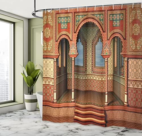 Ambesonne Orient tuš za zavjese, bliskoistočni orijentalni stil Unutrašnja palača Arhitektura Vintage Art Dizajn, Tkanina od tkanine Kupaonica Dekor sa kukama, 69 Š x 84 L, zlatno crveno