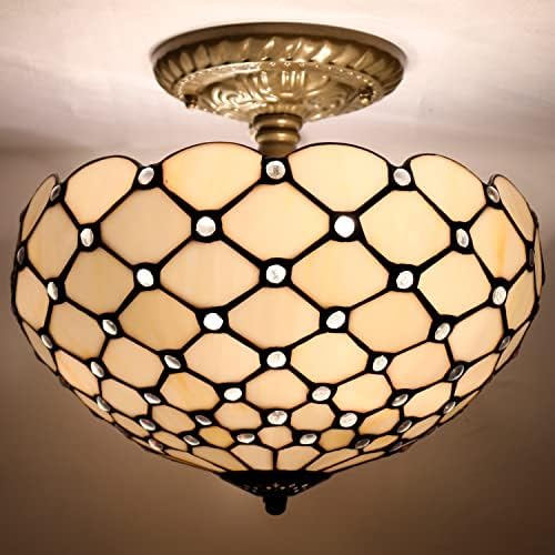 Werfactory Tiffany plafonska lampa krema Amber vitraž Perla 12 inča polu Flush lampa za montiranje široka 12 inča, visina 11 inča