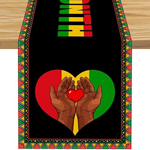 FARMNALL Linen Black History Mjesec trkač stola Juneteenth stolnjak srce crno crveno žuto afroamerički ukrasi Kwanzaa i potrepštine
