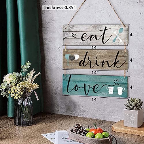 Kuhinjski zidni dekor Rustikalni viseći jesti piće Love Wood Sign 3 komada za kućnu kuhinju Blagovaonica dnevni boravak bar kafe ukras, 14 x 4 inča