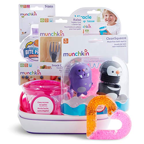 Munchkin® poklon korpa za 1. rođendan, uključuje Sippy šolje, tanjire, pribor za hranjenje, hvatač grickalica, igračku za kupanje i Grizalicu, Pink