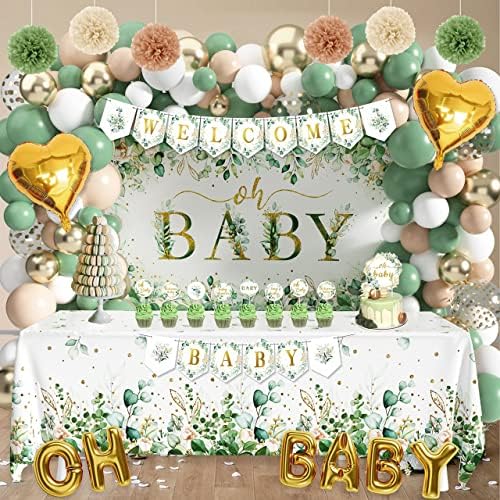 Sage Green Baby Shower dekoracija za djevojčicu 99kom, Boho Greency neutralne potrepštine za zabavu sa Oh Baby Backdrop stolnjak balon