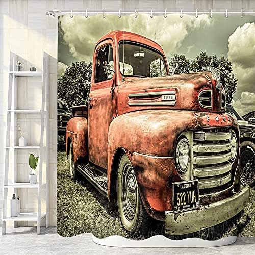 Nymb Antique Car tuš za tuširanje, Custom Vintage Stari kamion Auto dekor, poliesterska tkanina Red Rustikalni traktorska zavjesa