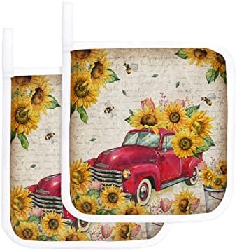 Retro Sunflowers nosači lonca 4 pakovanje, vrući jastučići za kuhinju sa visećom petljom, crveni kamion svijetli cvjetni pčelinji