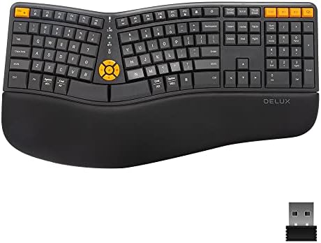DeLUX bežična ergonomska tastatura-Ergo Split Tastatura sa naslonom za dlanove za prirodno kucanje, 2.4 G i Bluetooth, pune veličine, raspored u SAD-u-Kompatibilan sa Windows i Mac OS-om
