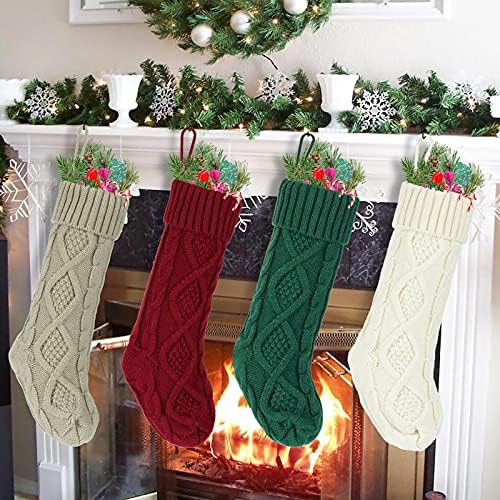 JMSCAPE 4 PACK Božićne čarape, 18 inča Veliki klasični kabeli čarape Božićne ukrase za obiteljski odmor Xmas Dekor zabave, bijeli crveni zeleni i kaki