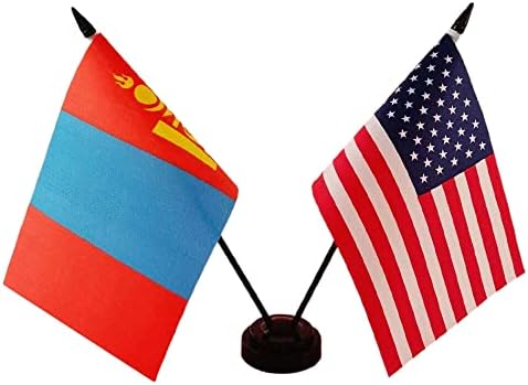 Amerika i Mongolija Twin Desk stol, američke stolne zastave Mongolije, 8 x 5 inča Deluxe Set za zastavu Desk - Minijaturni američki
