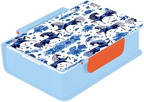 Kigai Blue Horse cvjetni ručak kutija za ručak 1000ml Bento kutija sa kašikom za kašike 3 pretinca za skladištenje hrane za odrasle, plave boje