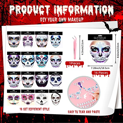 16 kom Halloween Full Face Gems Jewels Day of the Dead Privremeni rhinestones tetovaža lica sa 1 ružičastom pincetom za laktove Skeleton