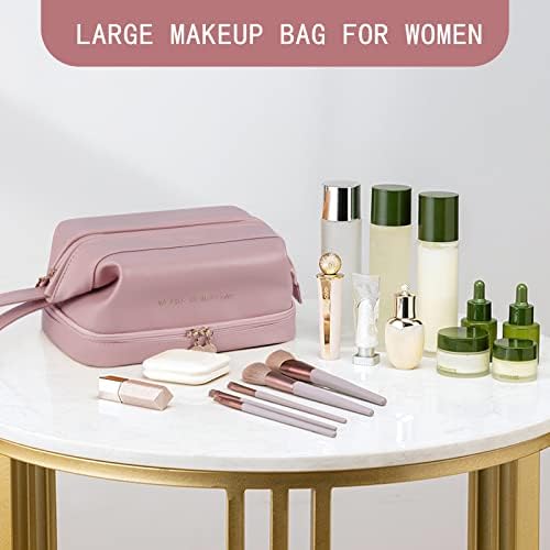 Ineowelly putna kozmetička torba velikog kapaciteta,velika torba za šminkanje za žene, prenosiva dvoslojna kozmetička torba od PU