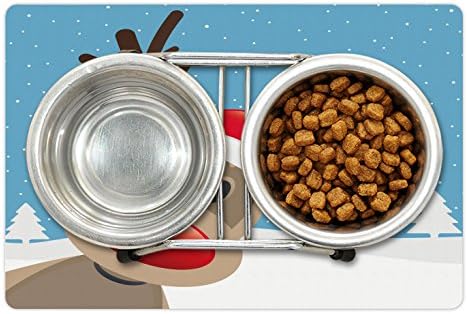 Ambesonne Božićna prostirka za kućne ljubimce za hranu i vodu, sob Rudolph sa crvenim nosom i šeširom Djeda Mraza Snježna šuma, pravougaona