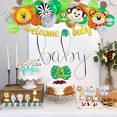 143 kom Safari ukrasi za tuširanje beba za dječaka, Fiesec tematski dekor za džunglu Oh Baby Backdrop balon Garland luk umjetni listovi kutija izrez Glitter Banner torta Cupcake Topper Zebra Tiger Lion Green