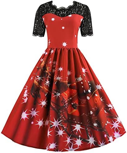 Ženske Vintage 1950-ove koktel haljine Božić kratki rukav Funny štampani Holiday Swing Party Dress Flare Dress For Woman