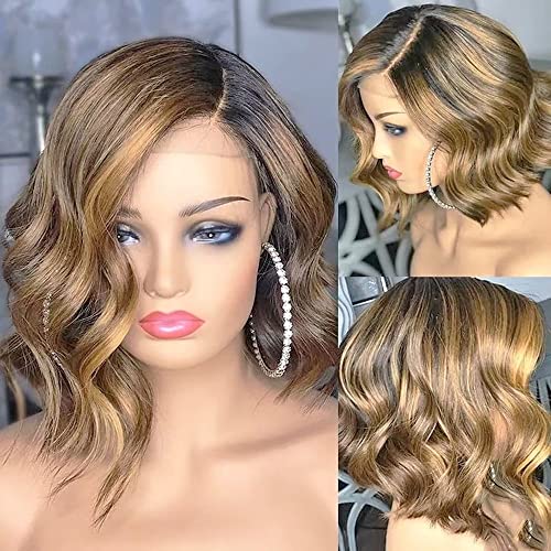 Jnymell Highlight color short Body Wave Bob Lace prednje perike za ljudsku kosu 1b / 27 miješana boja 13x6 čipka prednja perika Pre Čupana Baby Hair Glueless HD prozirna čipka Izbijeljena čvorova valovita Bob perika