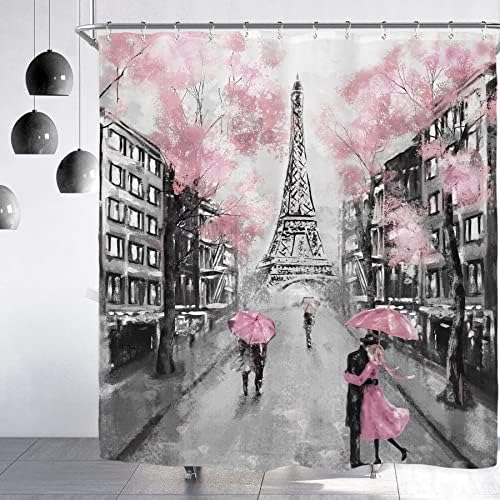 Riyidecor Paris Eiffel Tower za zavjese za tuširanje 72Wx72h inčni vintage francuski pejzažni krajolik Romantična ulje slika za žene