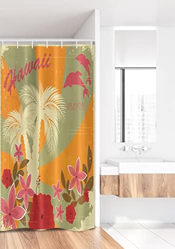 Ambesonne Hawaiian zavjesa za tuširanje, Aloha Vintage Print Šareni vrtložni poklopac DOLPHINS dlabovi cvijeće, tkanina od tkanine kupatilo set sa kukama, 69 Š x 84 L, zelena marigold