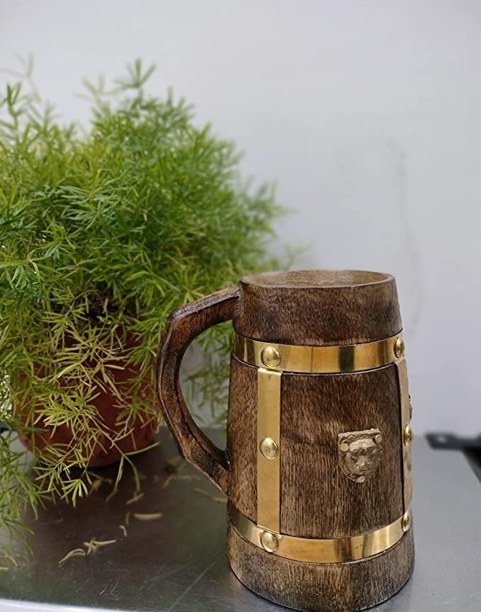 KolekcionarstvoBuy antikne ručno izrađeno drveno pivo šalica horizontalno i vertikalno zlatno remen na krigling viking pijenje pivo