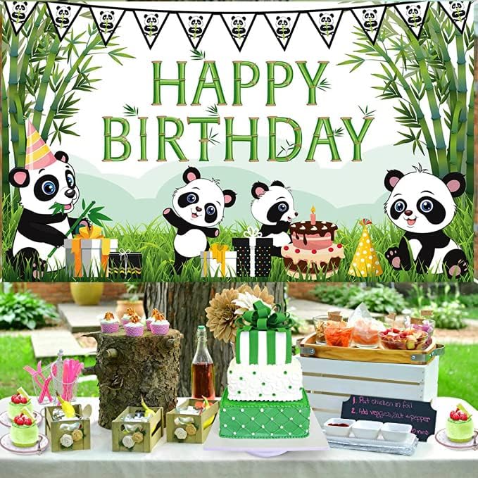 Cartoon Panda Rođendanska pozadina, zelena bambus Panda tema Baby Shower fotografija pozadina za djecu ukrasi za rođendanske zabave