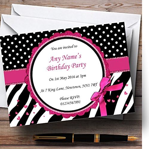 Zebra Print i Polka Dot Black Pink Personalizirani pozivnice za rođendan