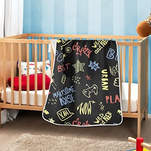 Swaddle pokrivač dječaci slogani grafiti pamučni pokrivač za dojenčad, primanje pokrivača, lagana mekana pokrivačica za krevetić, kolica, raketa, crne