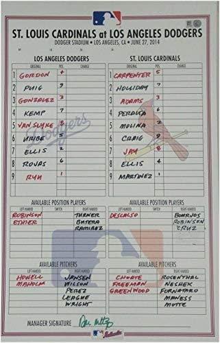 27. lipnja 2014. Cardinals V Dodgers Line-up kartica Don Mattingly Auto Ryu Martinez - MLB autografirane bejzbol kartice
