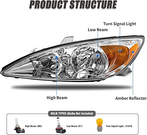 Topautogear sklop farova kompatibilan sa 2002 2003 2004 Camry OE Style Clear Lens Chrome kućištem sa Amber Reflector zamjenom farova lijevo i desno